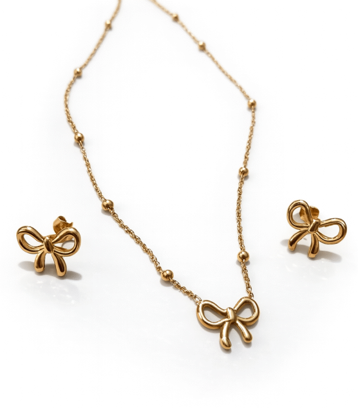 Gold Finish Bow Design Stainless Steel Necklace & Earrings Set